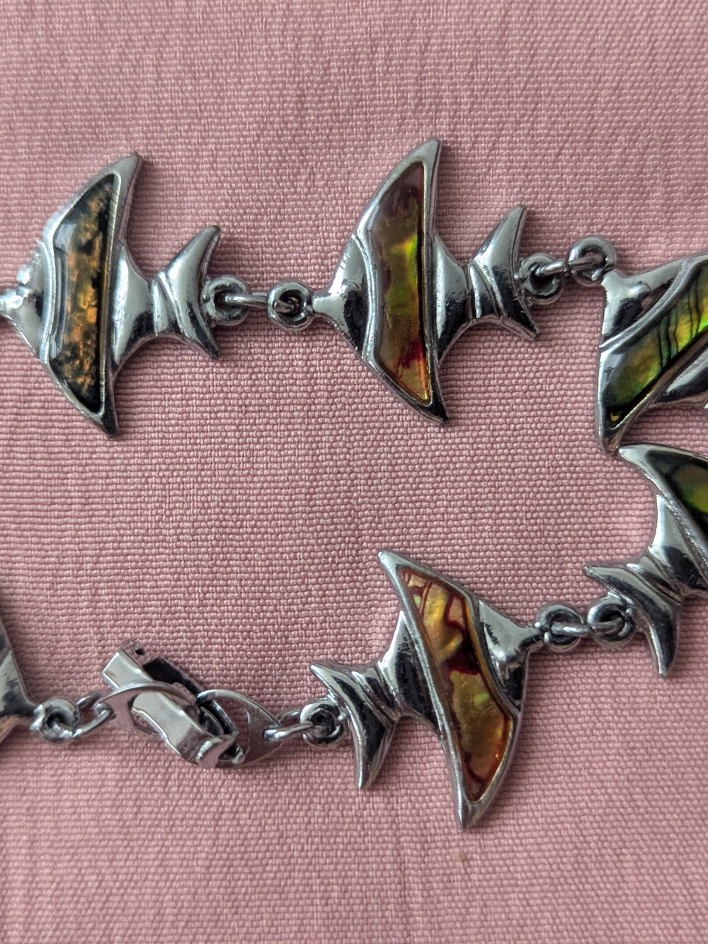 Silver Abalone Inlay Fishbone Link Bracelet - Green Brown Accent